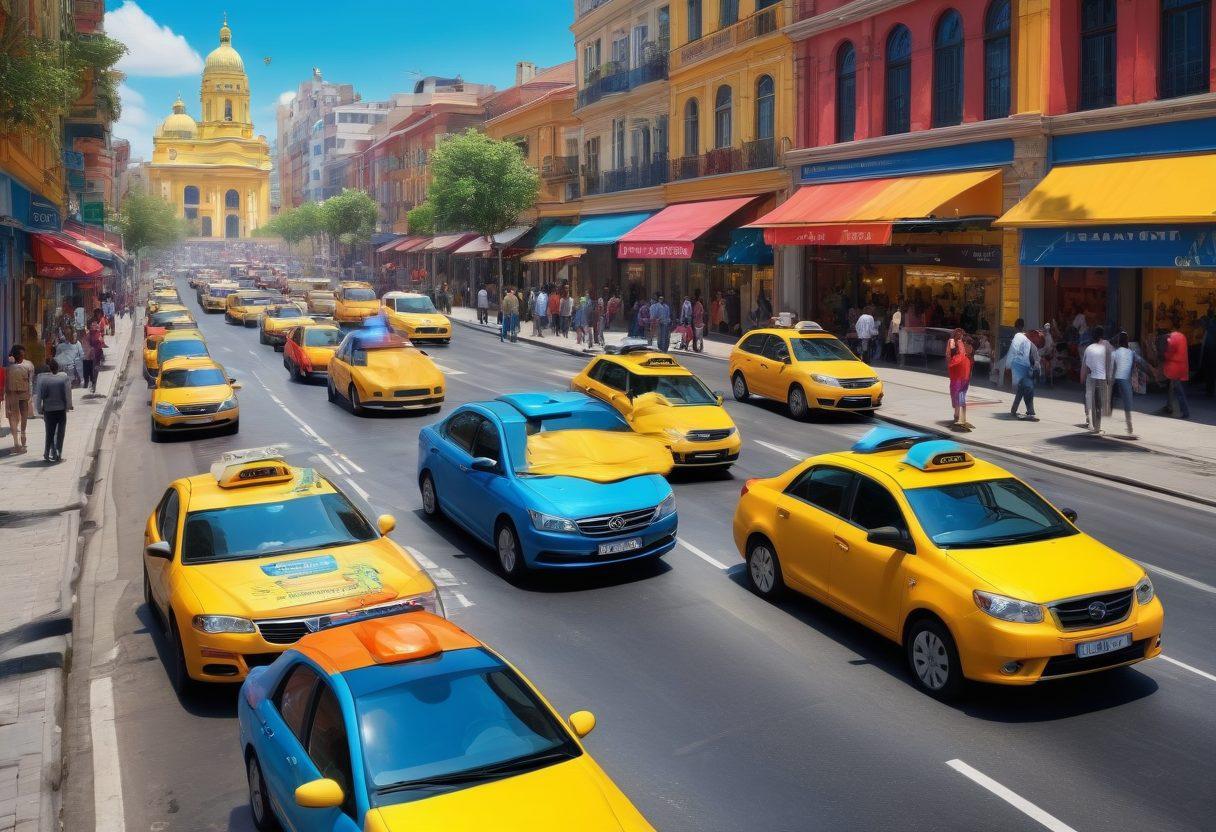 A bustling urban landscape filled with colorful cars, showcasing Tapsi's taxis with cheerful passengers enjoying their rides. Include vibrant city elements like street vendors and happy pedestrians, all under a bright blue sky. Highlight the modernity of Tapsi's service with a digital interface displayed on a smartphone. Convey a sense of joy and convenience in urban mobility. super-realistic. vibrant colors. 3D.