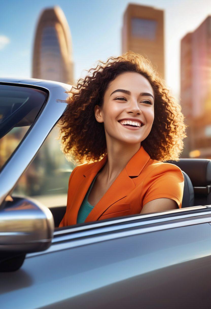 A joyful female passenger enjoying a smooth ride in a modern car, with a friendly driver smiling in the front seat. The car is surrounded by vibrant city scenery, emphasizing comfort and satisfaction. Light rays shine through the windows, symbolizing positivity and happiness. Include a subtle hint of Tapsi branding in the background. super-realistic. vibrant colors. cityscape.