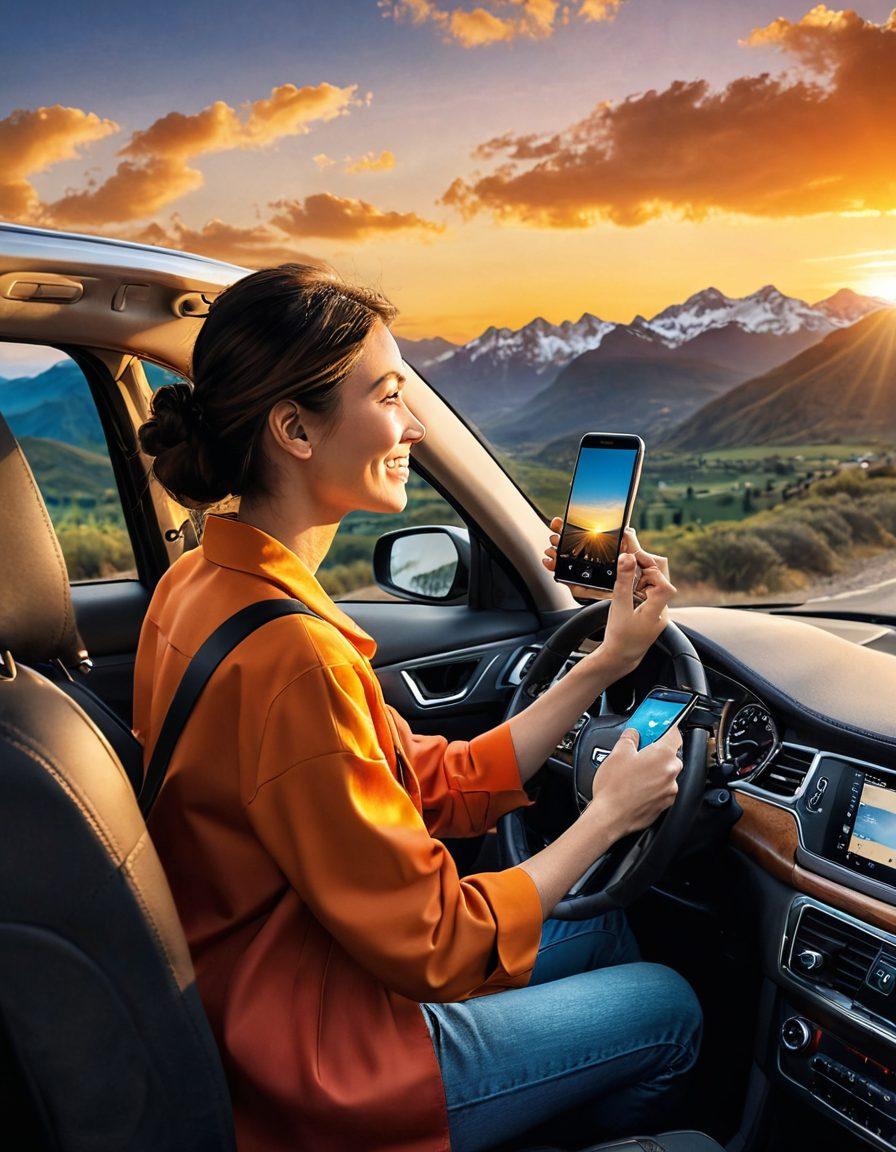 A vibrant scene depicting a joyful traveler in an Uber-like car, holding a smartphone showcasing the Tapsi app. The backdrop features a picturesque landscape with mountains and a sunset sky, symbolizing adventure. Elements of a seamless booking experience like a boarding pass and luggage are subtly included. The atmosphere conveys excitement and comfort, with warm colors reflecting happiness and assurance. super-realistic. vibrant colors.